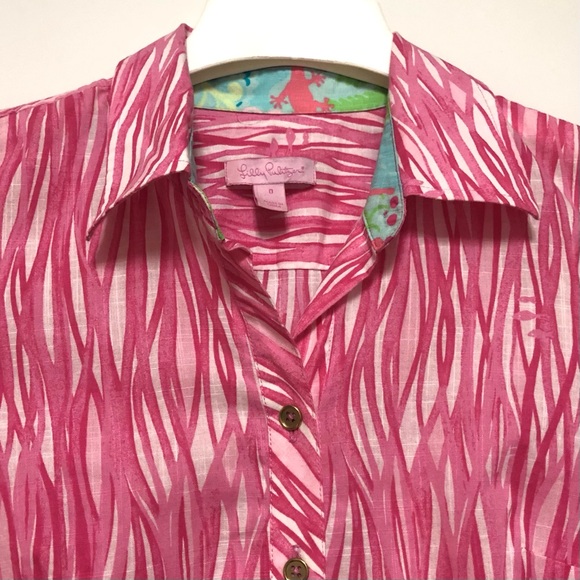 Lilly Pulitzer Blouse Top Womens 0 Pink Button Down Flip Cuff Colorful Preppy - Picture 6 of 9